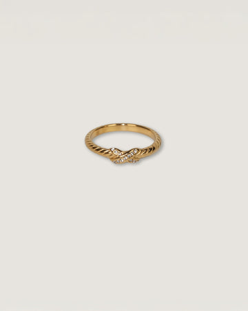 Anillo Chloe de acero inoxidable oro 18K banda de textura trenzada y detallado con zirconias diseño X 