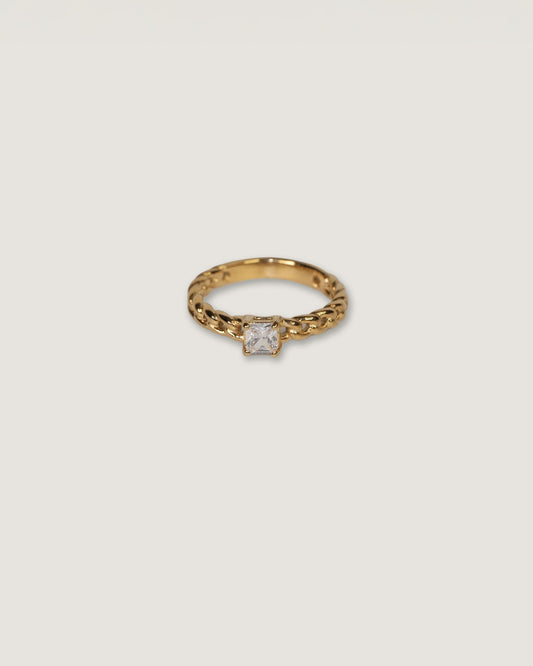 Anillo Liv acero inoxidable oro 18K banda estilo cadena con circonia solitaria 