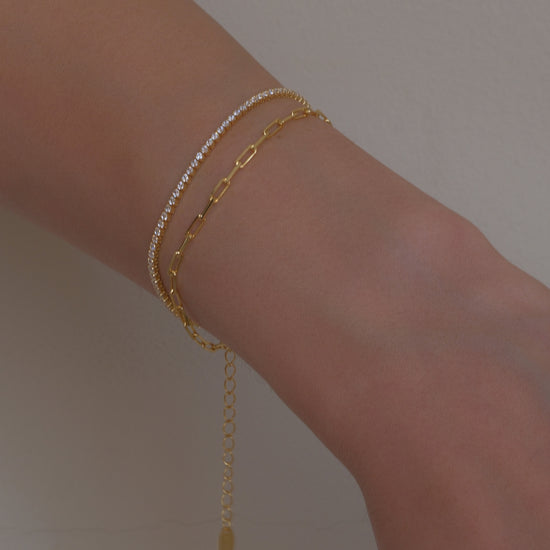 Pulsera de plata 925 baño oro 18k con cadena mixta y pavé de cristales